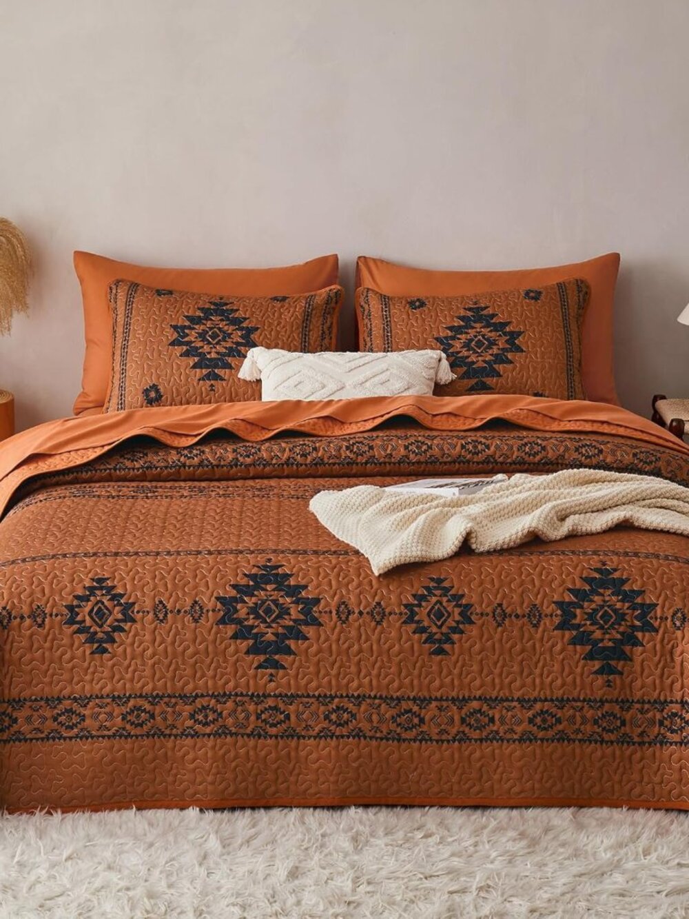Burnt Orange Southwestern Aztec Quilt Set - Full/Queen Bedspread
